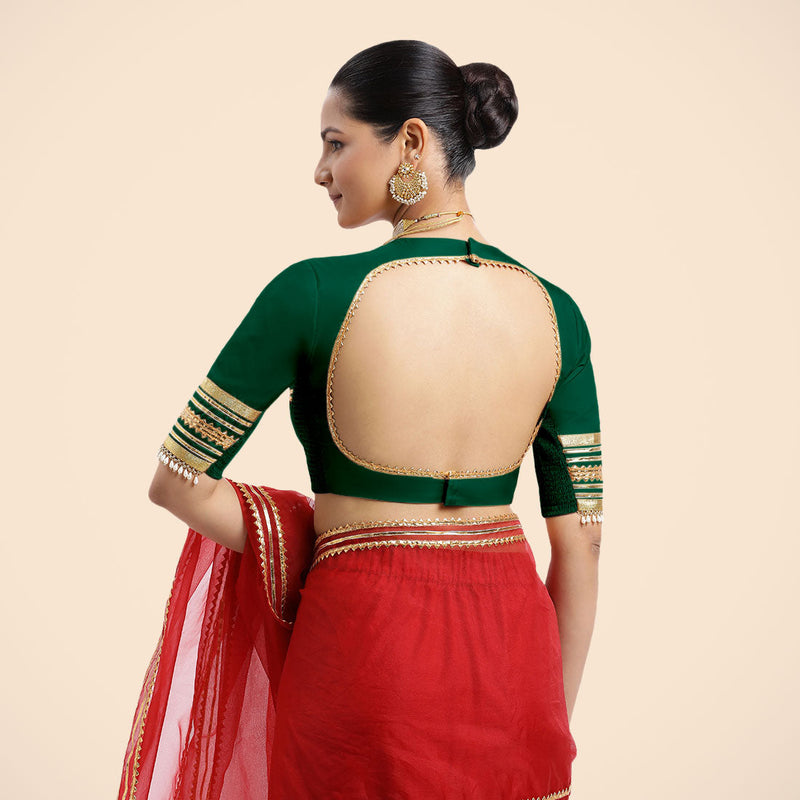 Farheen x Tyohaar | Bottle Green Embellished Elbow Sleeves FlexiFit™ Saree Blouse with Zero Neck with Back Cut-Out and Golden Gota Embellishment-Binks