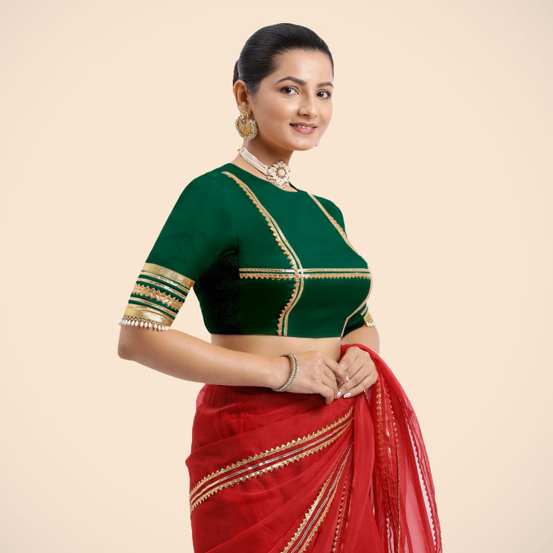 Farheen x Tyohaar | Bottle Green Embellished Elbow Sleeves FlexiFit™ Saree Blouse with Zero Neck with Back Cut-Out and Golden Gota Embellishment-Binks