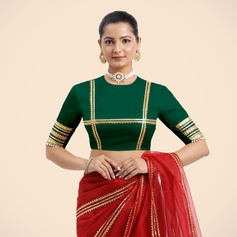 Farheen x Tyohaar | Bottle Green Embellished Elbow Sleeves FlexiFit™ Saree Blouse with Zero Neck with Back Cut-Out and Golden Gota Embellishment-Binks