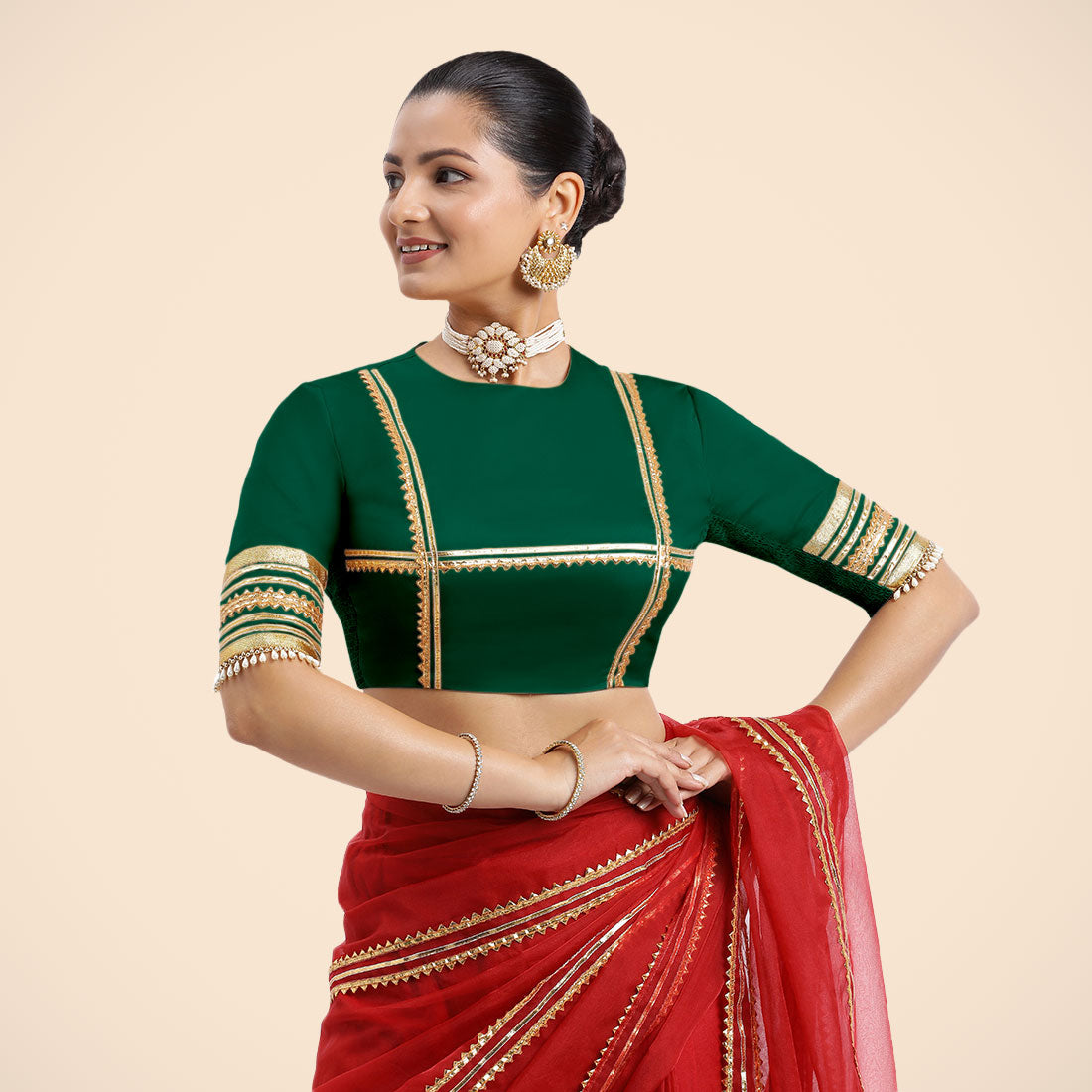 Farheen x Tyohaar Saree Blouse, in Green Vegan Silk, featuring elbow sleeves, made for party & festive (view 6).