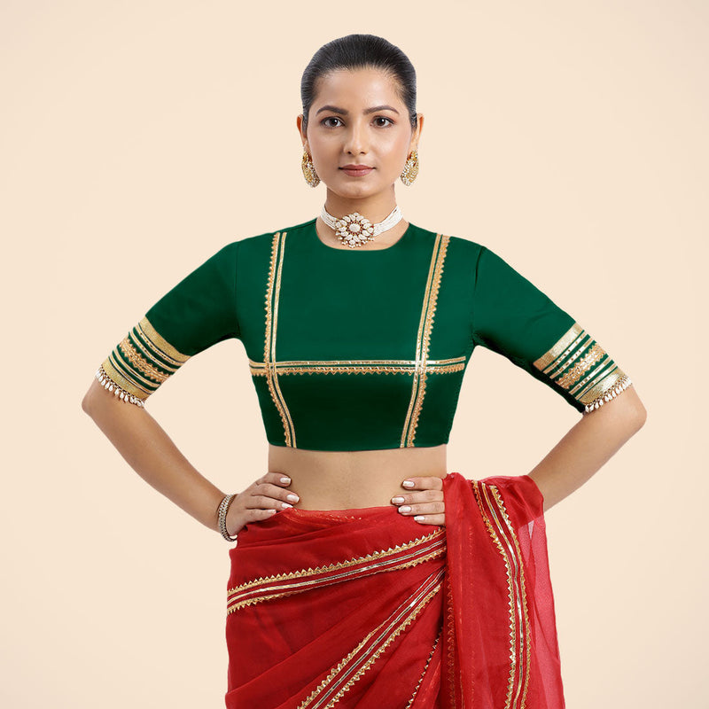 Farheen x Tyohaar | Bottle Green Embellished Elbow Sleeves FlexiFit™ Saree Blouse with Zero Neck with Back Cut-Out and Golden Gota Embellishment-Binks