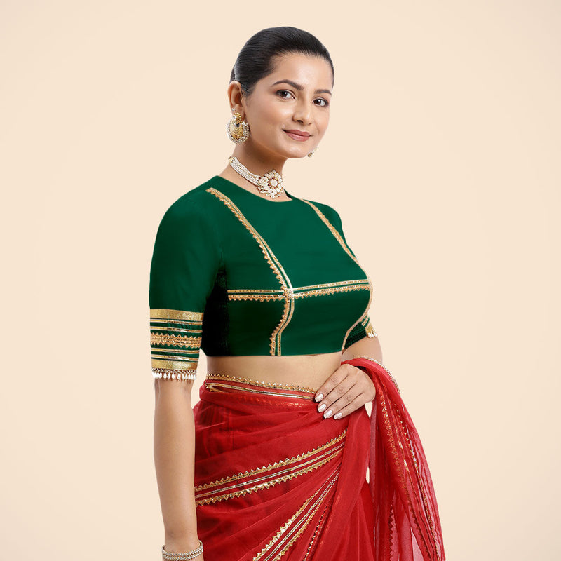 Farheen x Tyohaar | Bottle Green Embellished Elbow Sleeves FlexiFit™ Saree Blouse with Zero Neck with Back Cut-Out and Golden Gota Embellishment-Binks