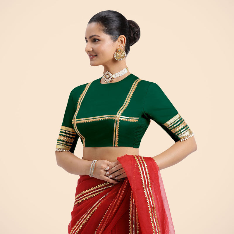 Farheen x Tyohaar | Bottle Green Embellished Elbow Sleeves FlexiFit™ Saree Blouse with Zero Neck with Back Cut-Out and Golden Gota Embellishment-Binks