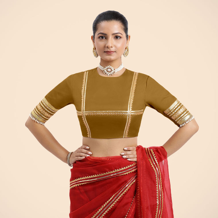 Farheen x Tyohaar Saree Blouse, in Gold Vegan Silk, featuring elbow sleeves, made for party & festive.