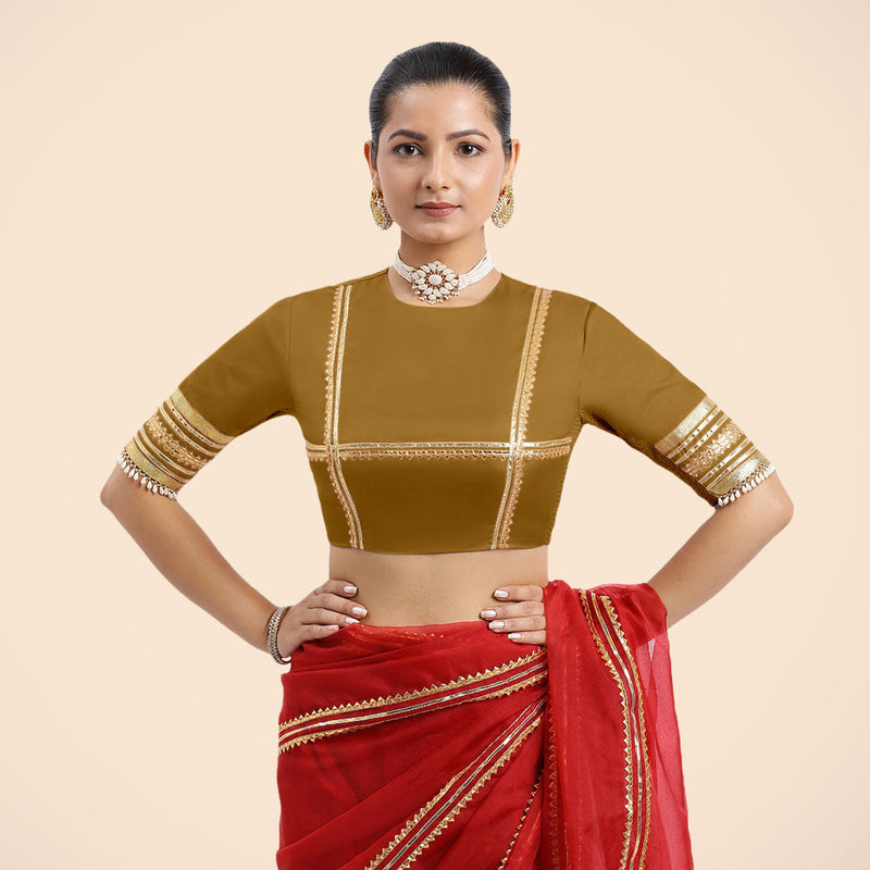 Farheen x Tyohaar | Bronze Gold Embellished Elbow Sleeves FlexiFit™ Saree Blouse with Zero Neck with Back Cut-Out and Golden Gota Embellishment-Binks