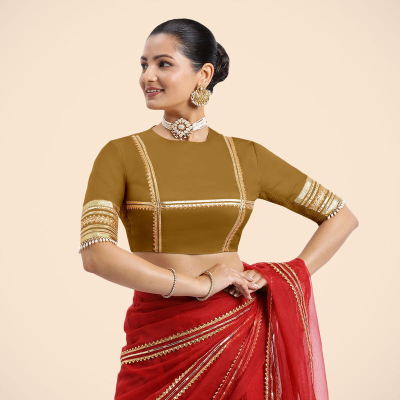 Farheen x Tyohaar | Bronze Gold Embellished Elbow Sleeves FlexiFit™ Saree Blouse with Zero Neck with Back Cut-Out and Golden Gota Embellishment-Binks