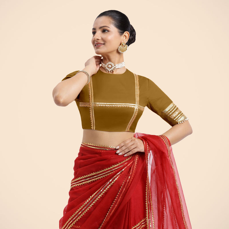 Farheen x Tyohaar | Bronze Gold Embellished Elbow Sleeves FlexiFit™ Saree Blouse with Zero Neck with Back Cut-Out and Golden Gota Embellishment-Binks