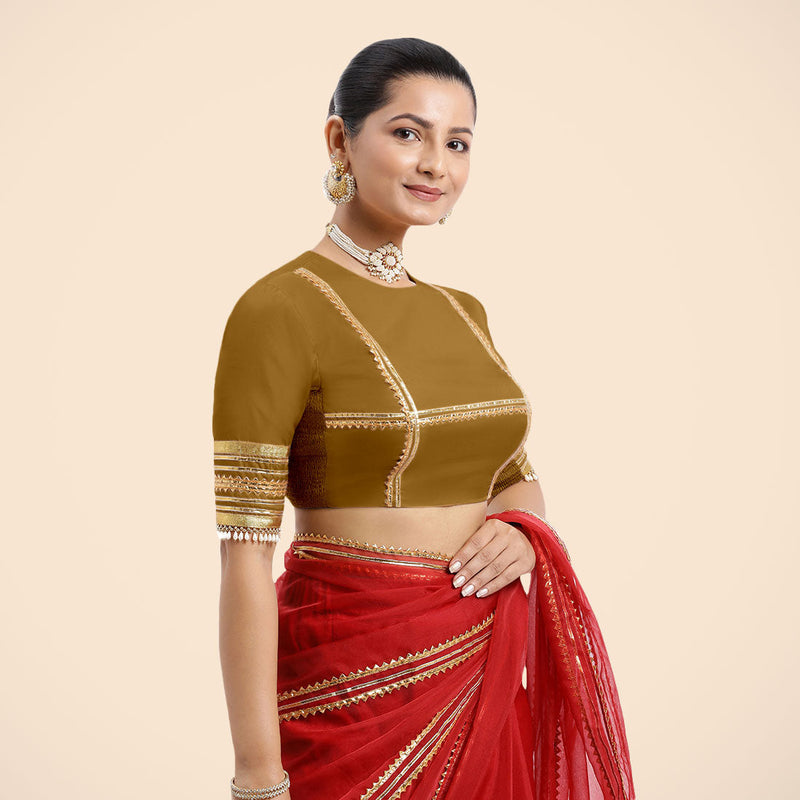 Farheen x Tyohaar | Bronze Gold Embellished Elbow Sleeves FlexiFit™ Saree Blouse with Zero Neck with Back Cut-Out and Golden Gota Embellishment-Binks