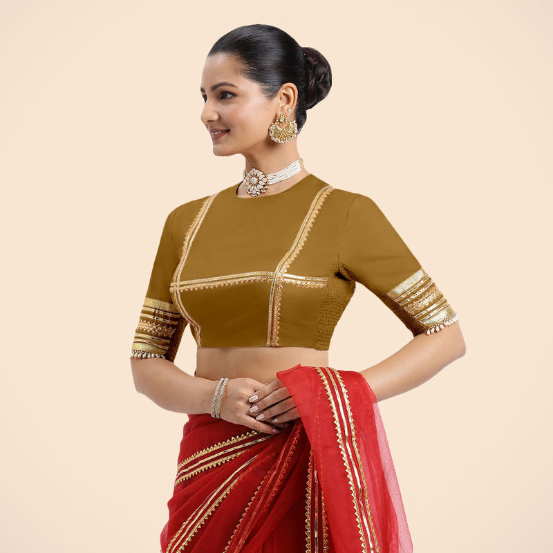 Farheen x Tyohaar | Bronze Gold Embellished Elbow Sleeves FlexiFit™ Saree Blouse with Zero Neck with Back Cut-Out and Golden Gota Embellishment-Binks