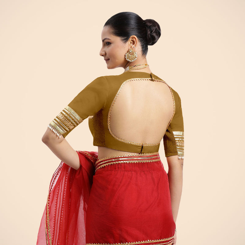 Farheen x Tyohaar | Bronze Gold Embellished Elbow Sleeves FlexiFit™ Saree Blouse with Zero Neck with Back Cut-Out and Golden Gota Embellishment-Binks