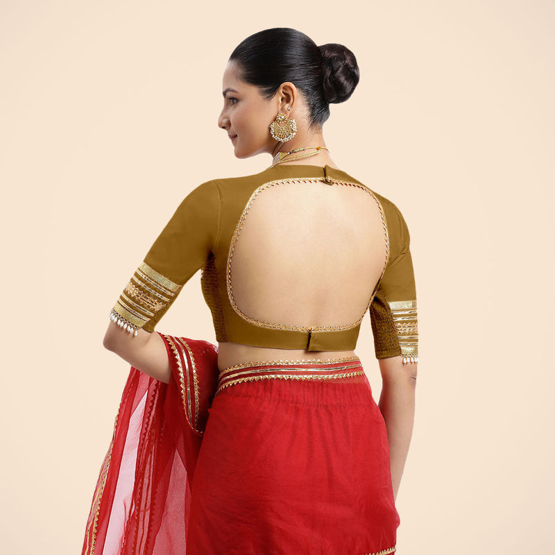 Farheen x Tyohaar | Bronze Gold Embellished Elbow Sleeves FlexiFit™ Saree Blouse with Zero Neck with Back Cut-Out and Golden Gota Embellishment-Binks
