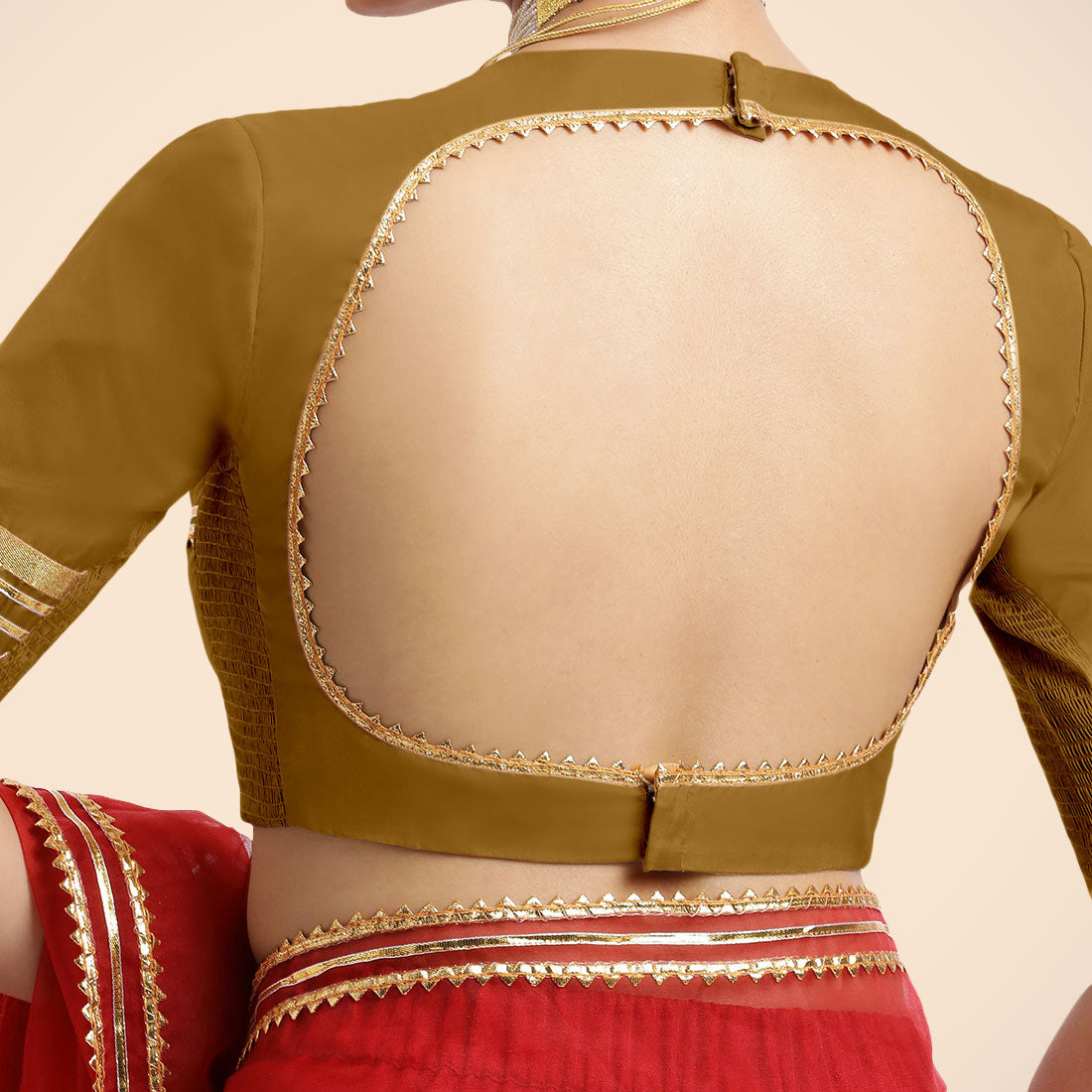 Farheen x Tyohaar Saree Blouse, in Gold Vegan Silk, featuring elbow sleeves, made for party & festive (view 6).