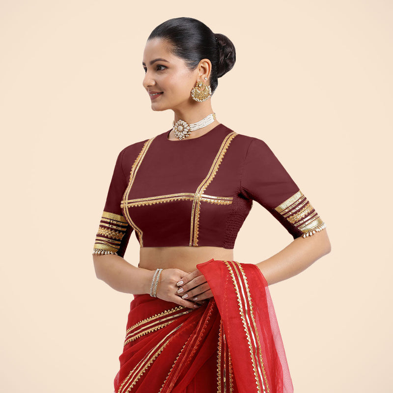 Farheen x Tyohaar | Burgundy Embellished Elbow Sleeves FlexiFit™ Saree Blouse with Zero Neck with Back Cut-Out and Golden Gota Embellishment-Binks