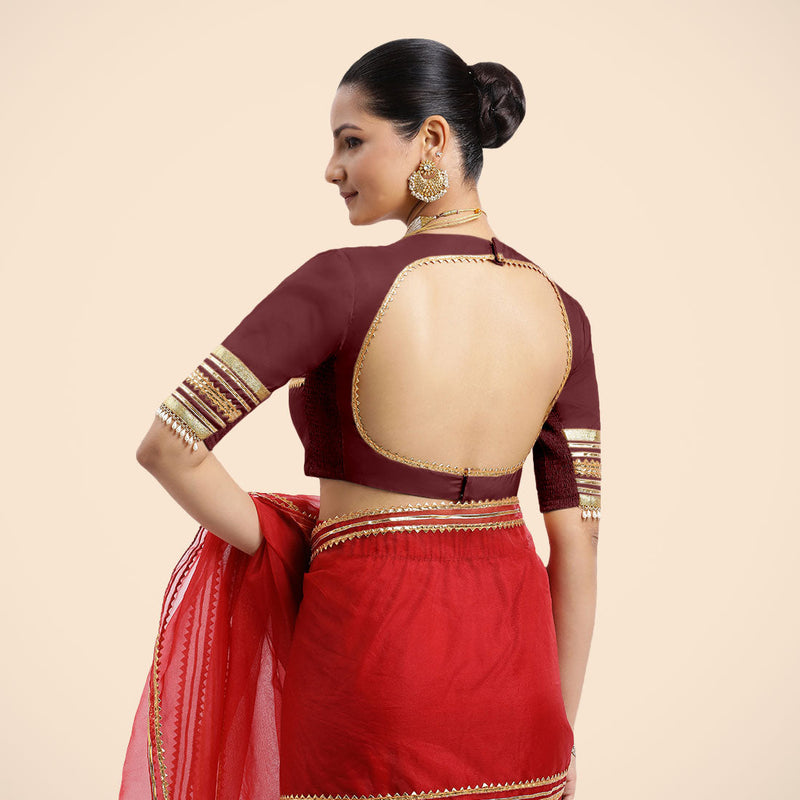 Farheen x Tyohaar | Burgundy Embellished Elbow Sleeves FlexiFit™ Saree Blouse with Zero Neck with Back Cut-Out and Golden Gota Embellishment-Binks