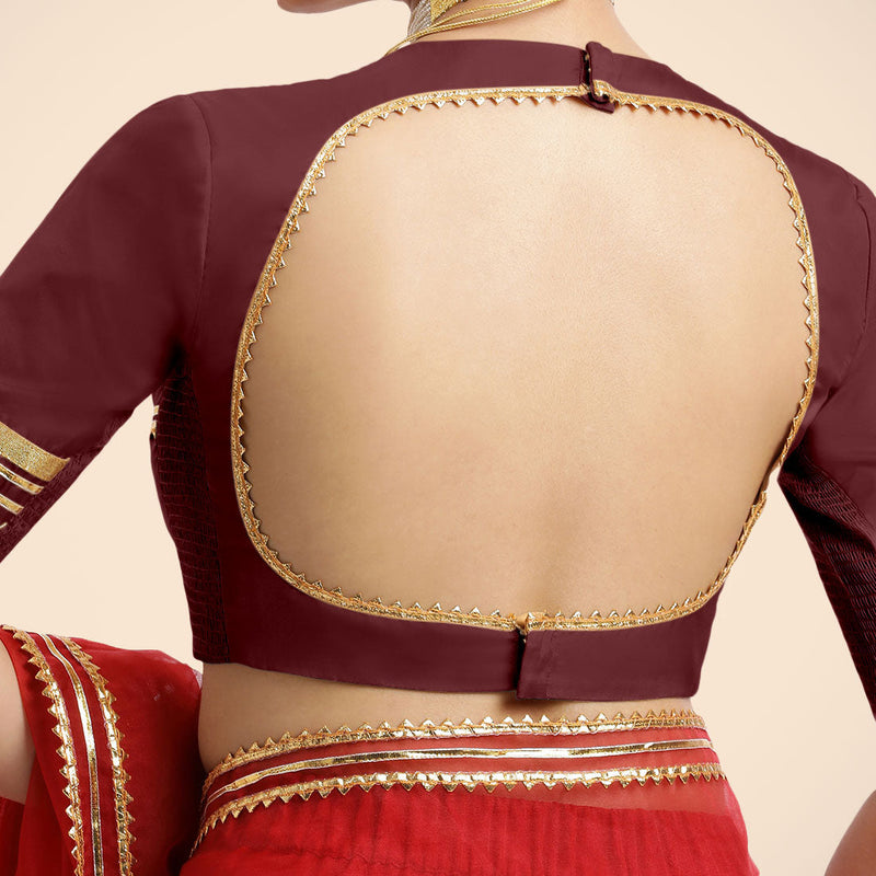 Farheen x Tyohaar | Burgundy Embellished Elbow Sleeves FlexiFit™ Saree Blouse with Zero Neck with Back Cut-Out and Golden Gota Embellishment-Binks