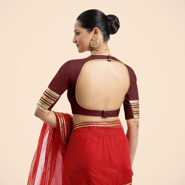 Farheen x Tyohaar Saree Blouse, in Maroon Vegan Silk, featuring elbow sleeves, made for party & festive (view 2).