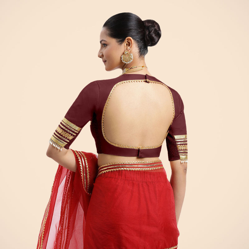 Farheen x Tyohaar | Burgundy Embellished Elbow Sleeves FlexiFit™ Saree Blouse with Zero Neck with Back Cut-Out and Golden Gota Embellishment-Binks