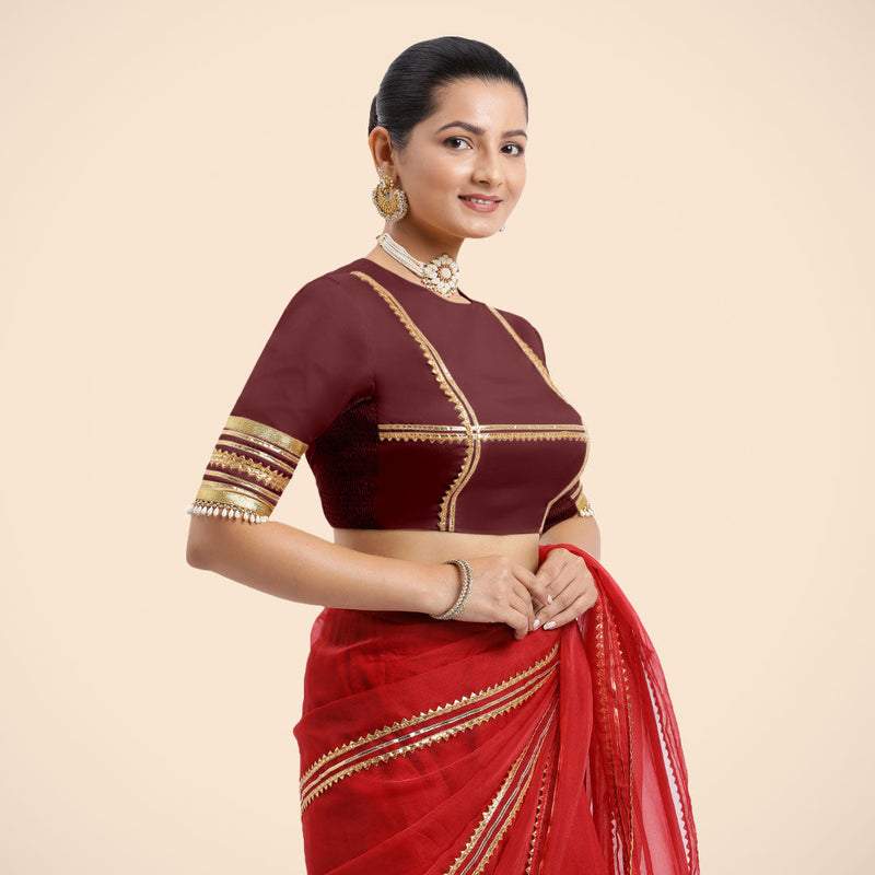 Farheen x Tyohaar | Burgundy Embellished Elbow Sleeves FlexiFit™ Saree Blouse with Zero Neck with Back Cut-Out and Golden Gota Embellishment-Binks