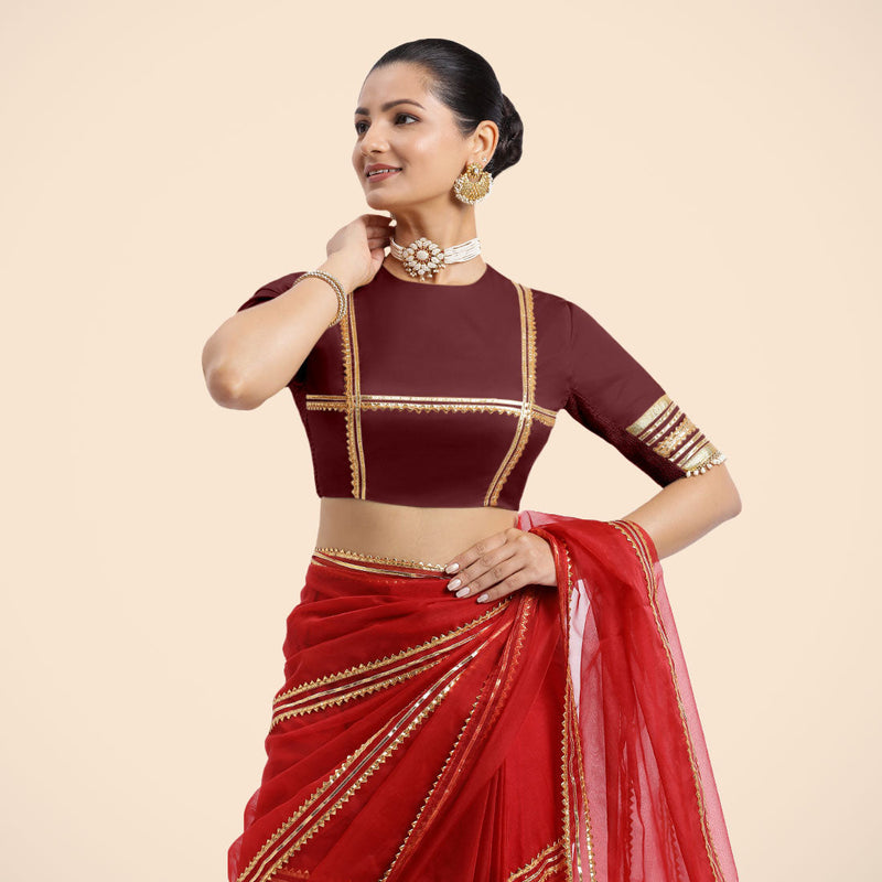 Farheen x Tyohaar | Burgundy Embellished Elbow Sleeves FlexiFit™ Saree Blouse with Zero Neck with Back Cut-Out and Golden Gota Embellishment-Binks