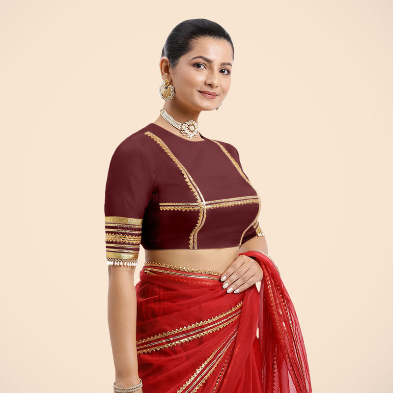 Farheen x Tyohaar | Burgundy Embellished Elbow Sleeves FlexiFit™ Saree Blouse with Zero Neck with Back Cut-Out and Golden Gota Embellishment-Binks