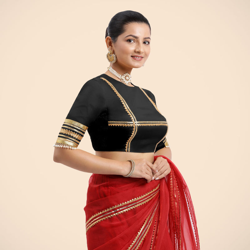 Farheen x Tyohaar | Charcoal Black Embellished Elbow Sleeves FlexiFit™ Saree Blouse with Zero Neck with Back Cut-Out and Golden Gota Embellishment-Binks