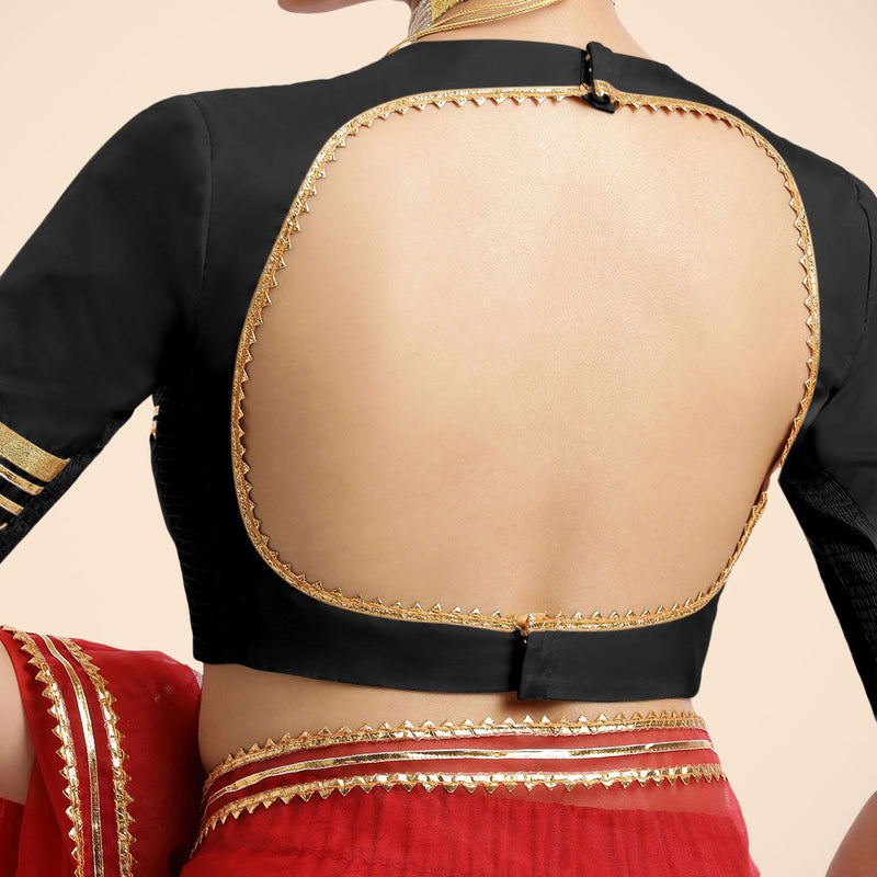Farheen x Tyohaar | Charcoal Black Embellished Elbow Sleeves FlexiFit™ Saree Blouse with Zero Neck with Back Cut-Out and Golden Gota Embellishment-Binks