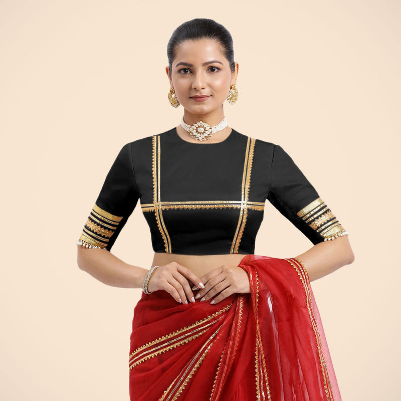 Farheen x Tyohaar | Charcoal Black Embellished Elbow Sleeves FlexiFit™ Saree Blouse with Zero Neck with Back Cut-Out and Golden Gota Embellishment-Binks