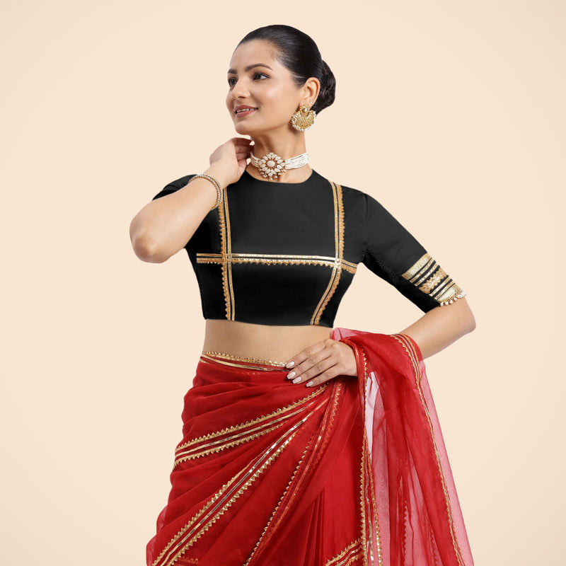 Farheen x Tyohaar | Charcoal Black Embellished Elbow Sleeves FlexiFit™ Saree Blouse with Zero Neck with Back Cut-Out and Golden Gota Embellishment-Binks