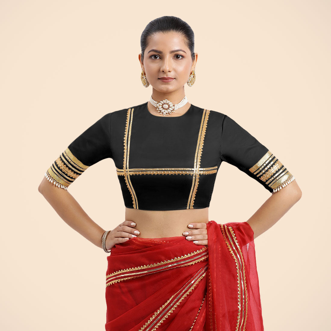 Farheen x Tyohaar Saree Blouse, in Black Vegan Silk, featuring elbow sleeves, made for party & festive (view 5).