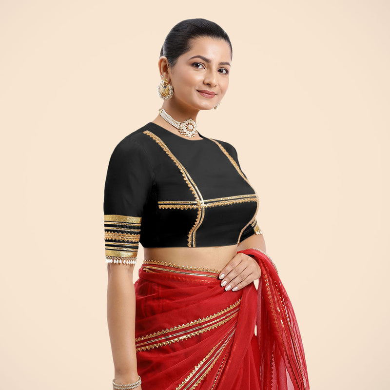 Farheen x Tyohaar | Charcoal Black Embellished Elbow Sleeves FlexiFit™ Saree Blouse with Zero Neck with Back Cut-Out and Golden Gota Embellishment-Binks