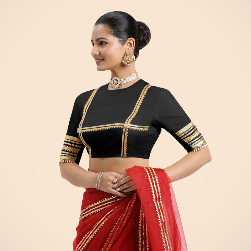 Farheen x Tyohaar | Charcoal Black Embellished Elbow Sleeves FlexiFit™ Saree Blouse with Zero Neck with Back Cut-Out and Golden Gota Embellishment-Binks