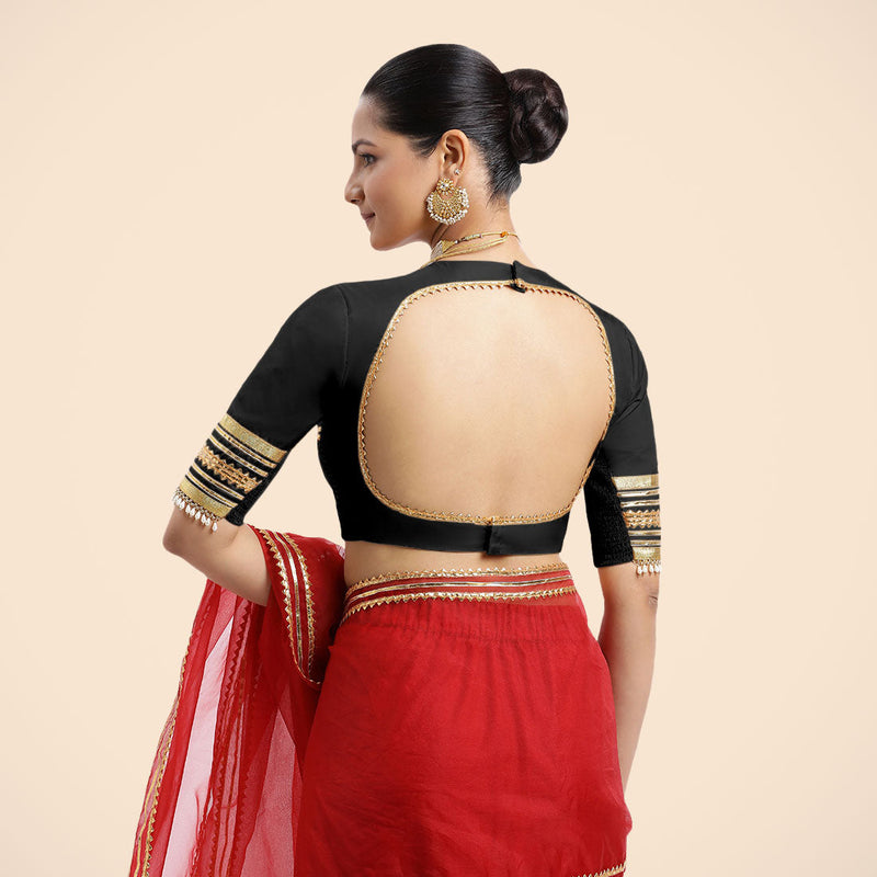 Farheen x Tyohaar | Charcoal Black Embellished Elbow Sleeves FlexiFit™ Saree Blouse with Zero Neck with Back Cut-Out and Golden Gota Embellishment-Binks