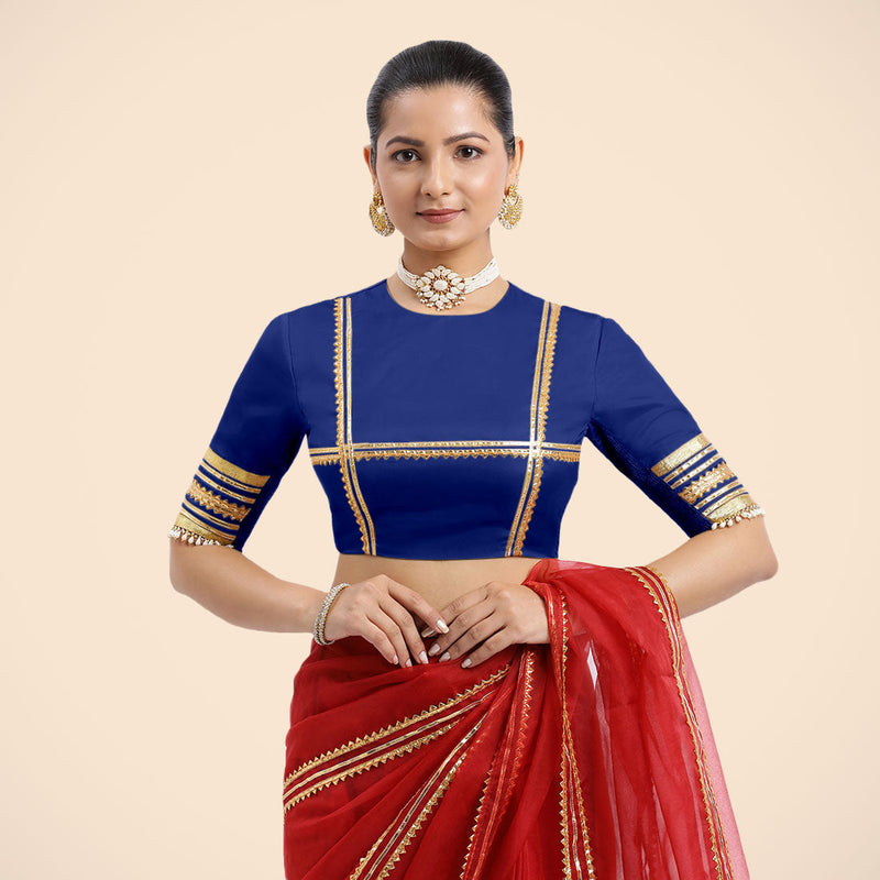Farheen x Tyohaar | Cobalt Blue Embellished Elbow Sleeves FlexiFit™ Saree Blouse with Zero Neck with Back Cut-Out and Golden Gota Embellishment-Binks