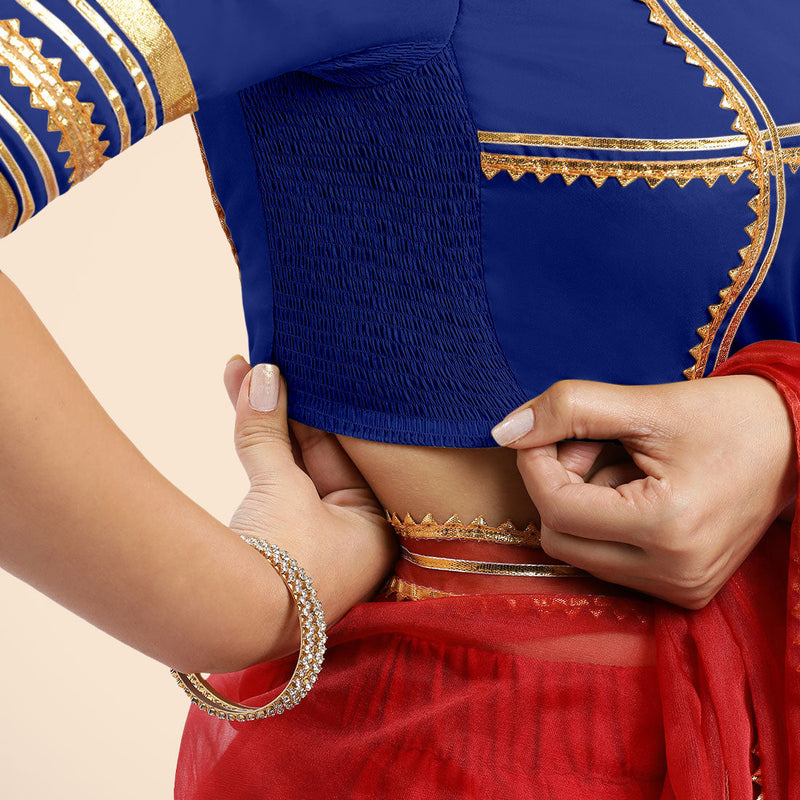 Farheen x Tyohaar | Cobalt Blue Embellished Elbow Sleeves FlexiFit™ Saree Blouse with Zero Neck with Back Cut-Out and Golden Gota Embellishment-Binks