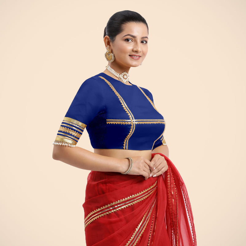 Farheen x Tyohaar | Cobalt Blue Embellished Elbow Sleeves FlexiFit™ Saree Blouse with Zero Neck with Back Cut-Out and Golden Gota Embellishment-Binks