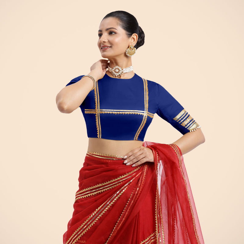 Farheen x Tyohaar | Cobalt Blue Embellished Elbow Sleeves FlexiFit™ Saree Blouse with Zero Neck with Back Cut-Out and Golden Gota Embellishment-Binks
