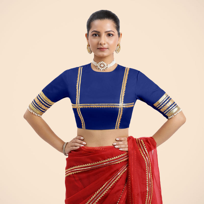Farheen x Tyohaar | Cobalt Blue Embellished Elbow Sleeves FlexiFit™ Saree Blouse with Zero Neck with Back Cut-Out and Golden Gota Embellishment-Binks