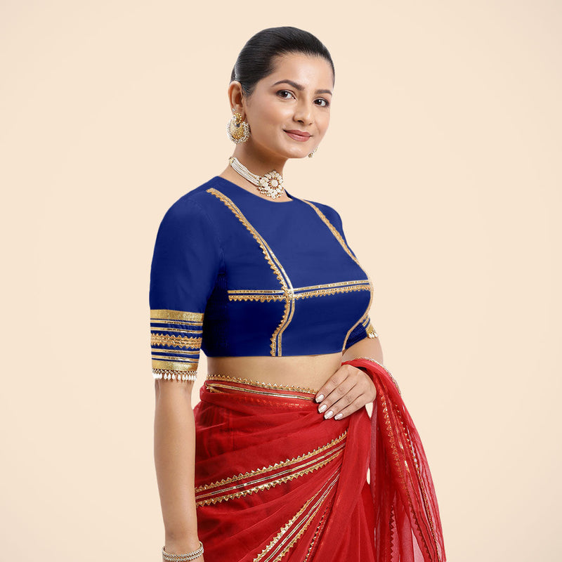 Farheen x Tyohaar | Cobalt Blue Embellished Elbow Sleeves FlexiFit™ Saree Blouse with Zero Neck with Back Cut-Out and Golden Gota Embellishment-Binks