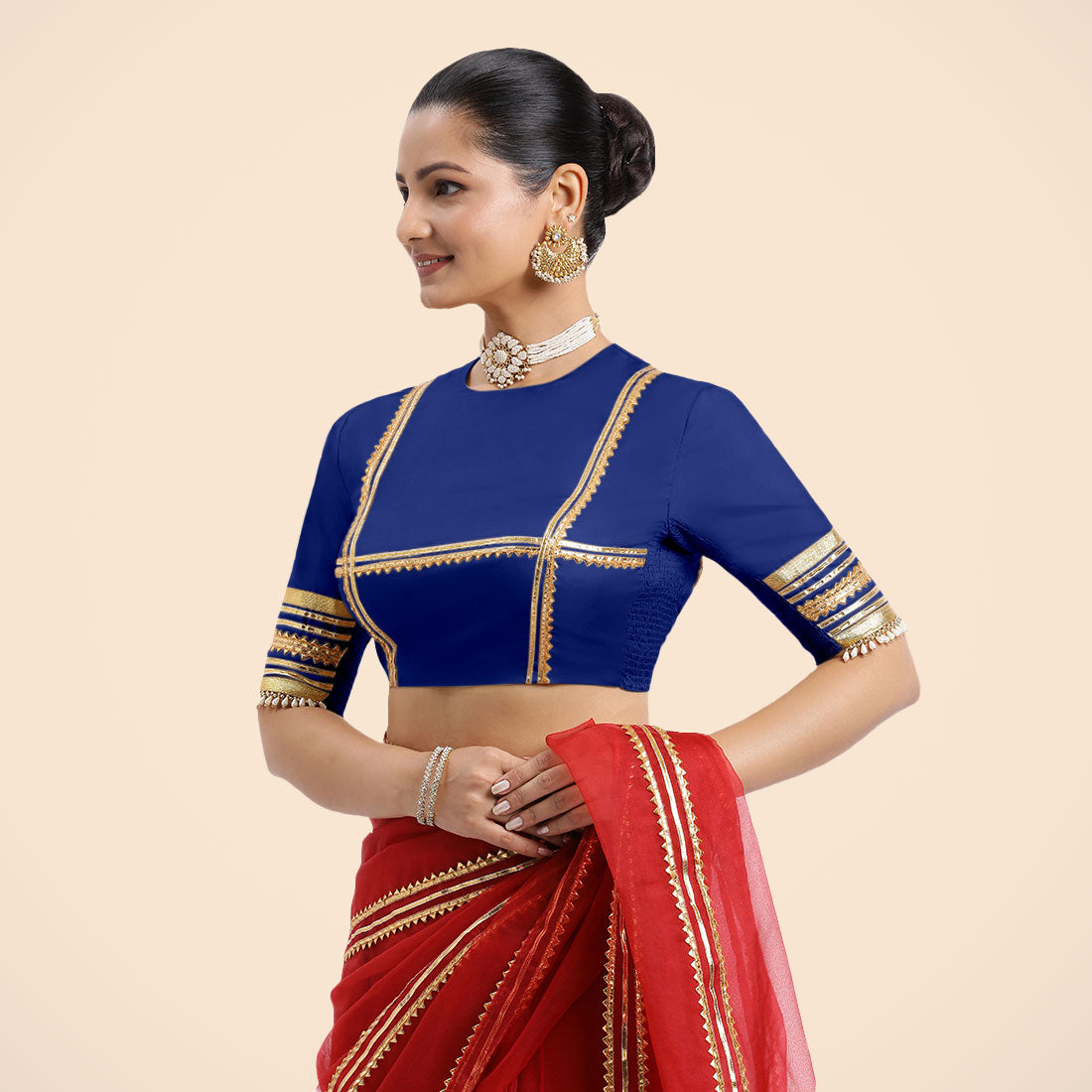 Farheen x Tyohaar Saree Blouse, in Blue Vegan Silk, featuring elbow sleeves, made for party & festive (view 6).