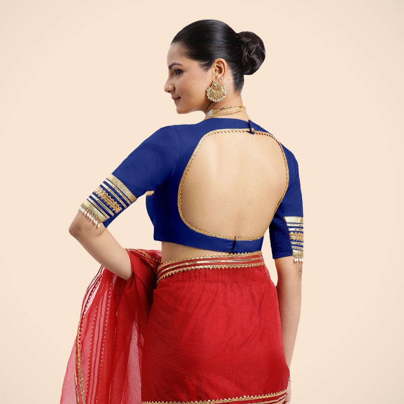 Farheen x Tyohaar | Cobalt Blue Embellished Elbow Sleeves FlexiFit™ Saree Blouse with Zero Neck with Back Cut-Out and Golden Gota Embellishment-Binks