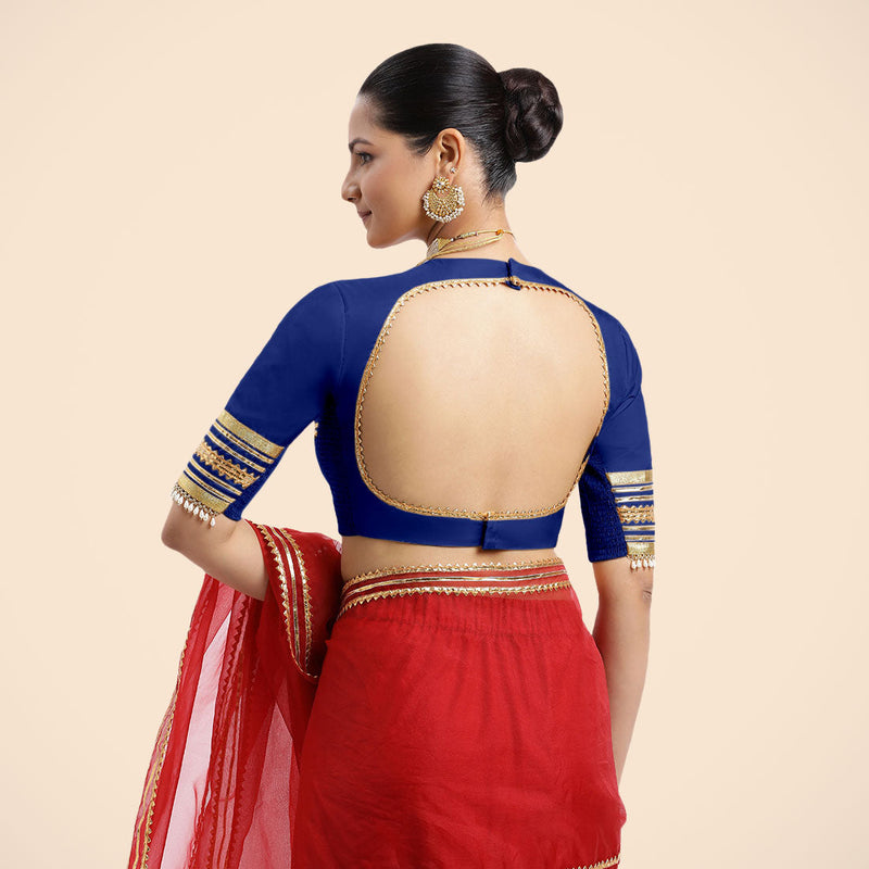 Farheen x Tyohaar | Cobalt Blue Embellished Elbow Sleeves FlexiFit™ Saree Blouse with Zero Neck with Back Cut-Out and Golden Gota Embellishment-Binks