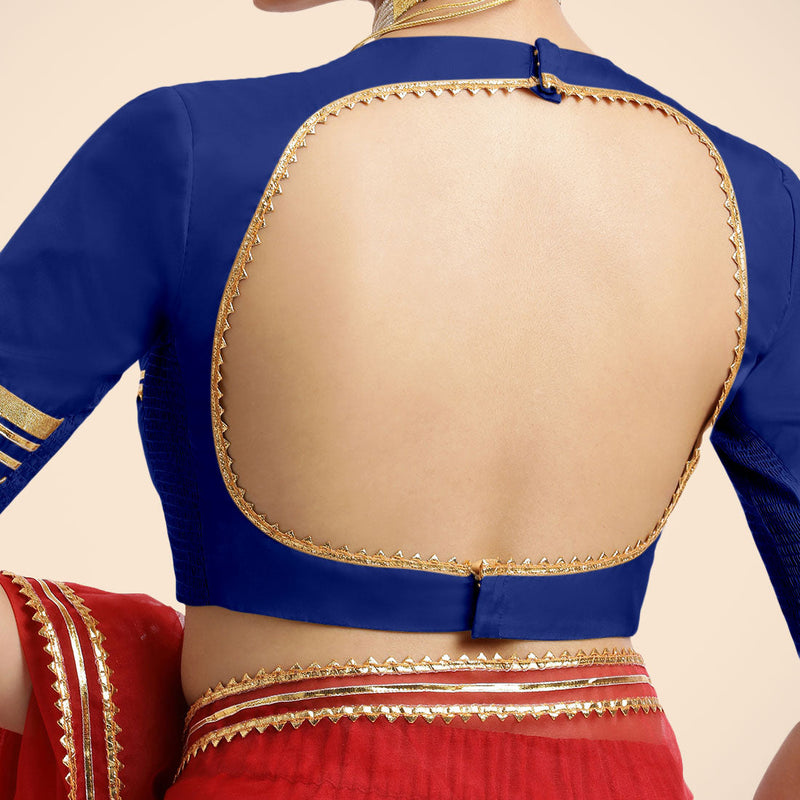 Farheen x Tyohaar | Cobalt Blue Embellished Elbow Sleeves FlexiFit™ Saree Blouse with Zero Neck with Back Cut-Out and Golden Gota Embellishment-Binks