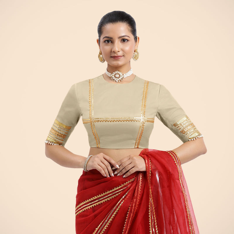 Farheen x Tyohaar | Cream Embellished Elbow Sleeves FlexiFit™ Saree Blouse with Zero Neck with Back Cut-Out and Golden Gota Embellishment-Binks