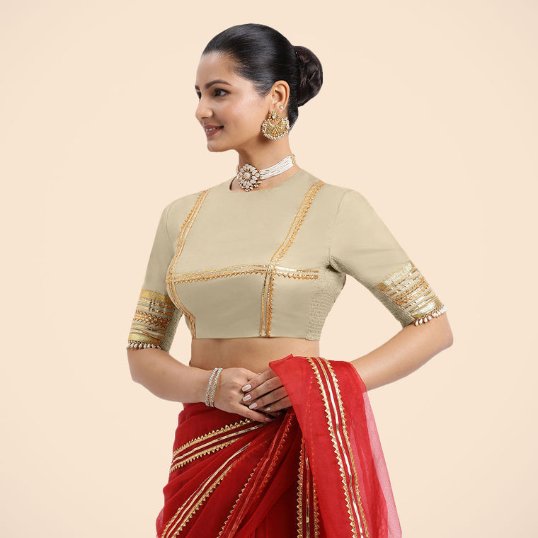 Farheen x Tyohaar Saree Blouse, in Cream Vegan Silk, featuring elbow sleeves, made for party & festive (view 3).
