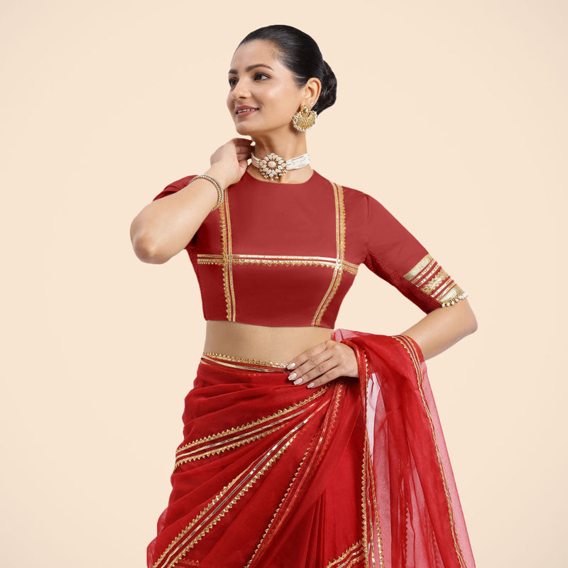 Farheen x Tyohaar | Crimson Red Embellished Elbow Sleeves FlexiFit™ Saree Blouse with Zero Neck with Back Cut-Out and Golden Gota Embellishment-Binks