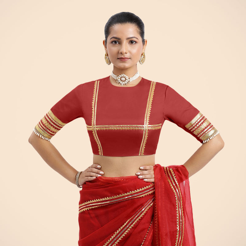 Farheen x Tyohaar | Crimson Red Embellished Elbow Sleeves FlexiFit™ Saree Blouse with Zero Neck with Back Cut-Out and Golden Gota Embellishment-Binks