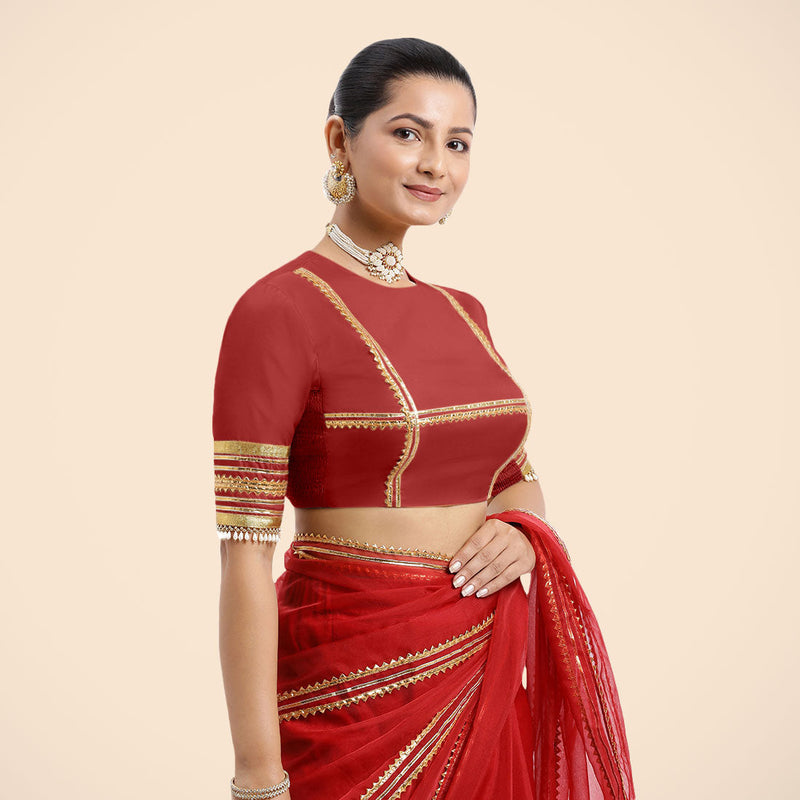 Farheen x Tyohaar | Crimson Red Embellished Elbow Sleeves FlexiFit™ Saree Blouse with Zero Neck with Back Cut-Out and Golden Gota Embellishment-Binks