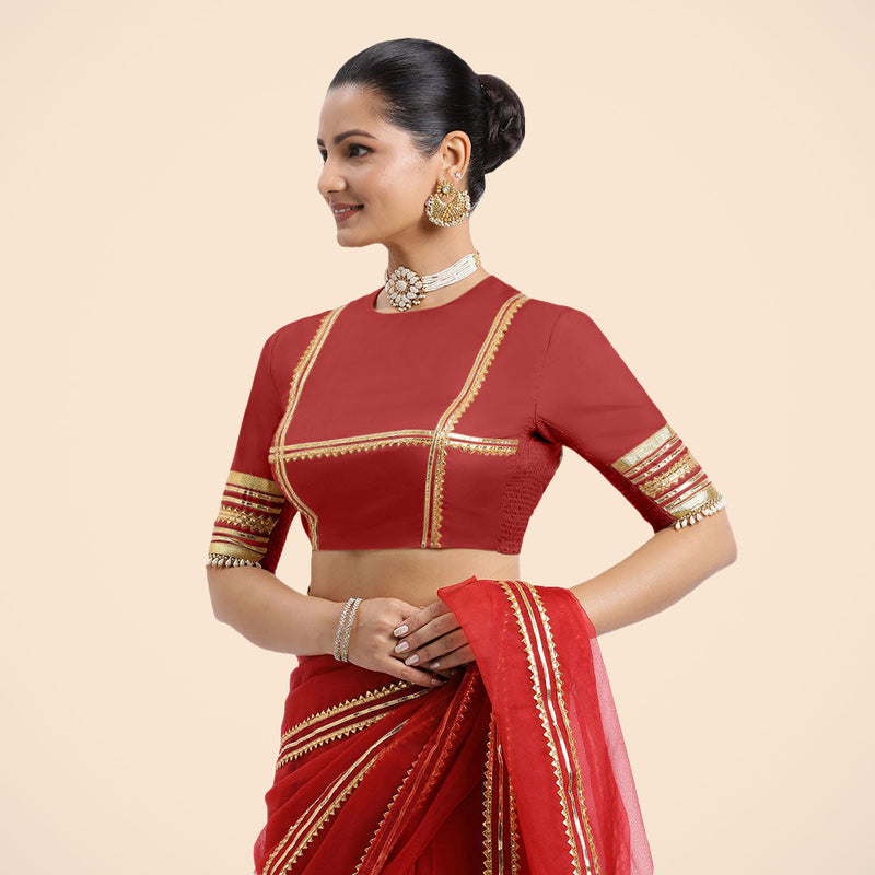 Farheen x Tyohaar | Crimson Red Embellished Elbow Sleeves FlexiFit™ Saree Blouse with Zero Neck with Back Cut-Out and Golden Gota Embellishment-Binks