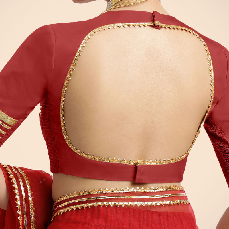 Farheen x Tyohaar | Crimson Red Embellished Elbow Sleeves FlexiFit™ Saree Blouse with Zero Neck with Back Cut-Out and Golden Gota Embellishment-Binks