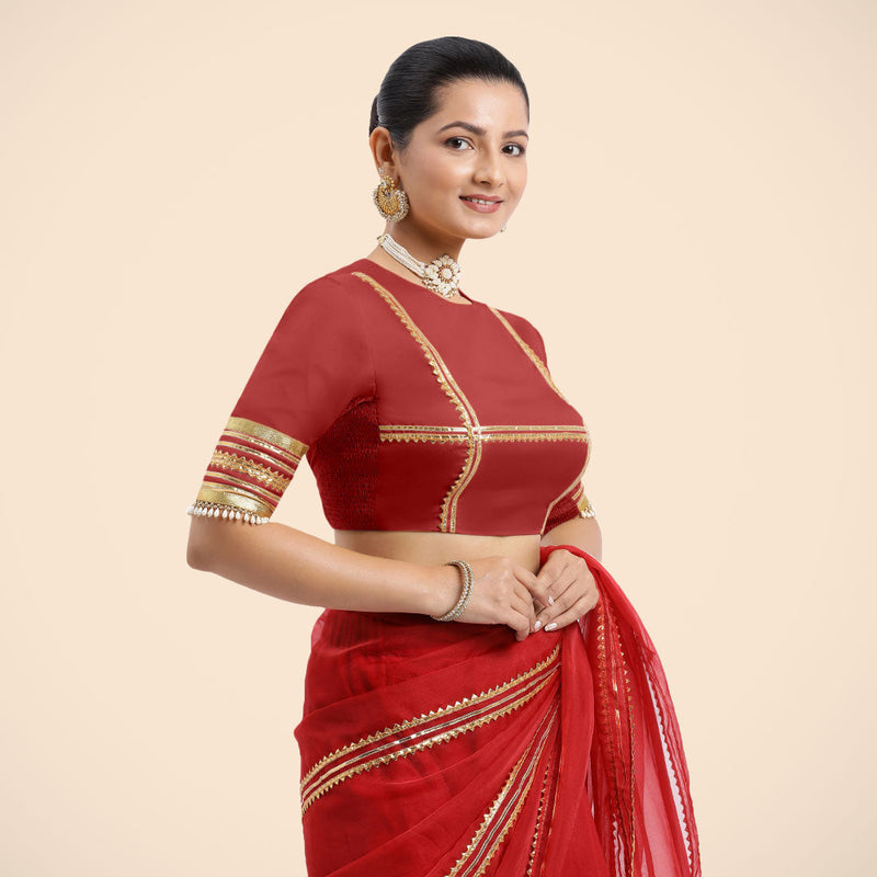 Farheen x Tyohaar | Crimson Red Embellished Elbow Sleeves FlexiFit™ Saree Blouse with Zero Neck with Back Cut-Out and Golden Gota Embellishment-Binks